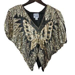 Vintage Cream Soda 1970s Disco 100% Silk Butterfly Blouse Lining Gold Sequins